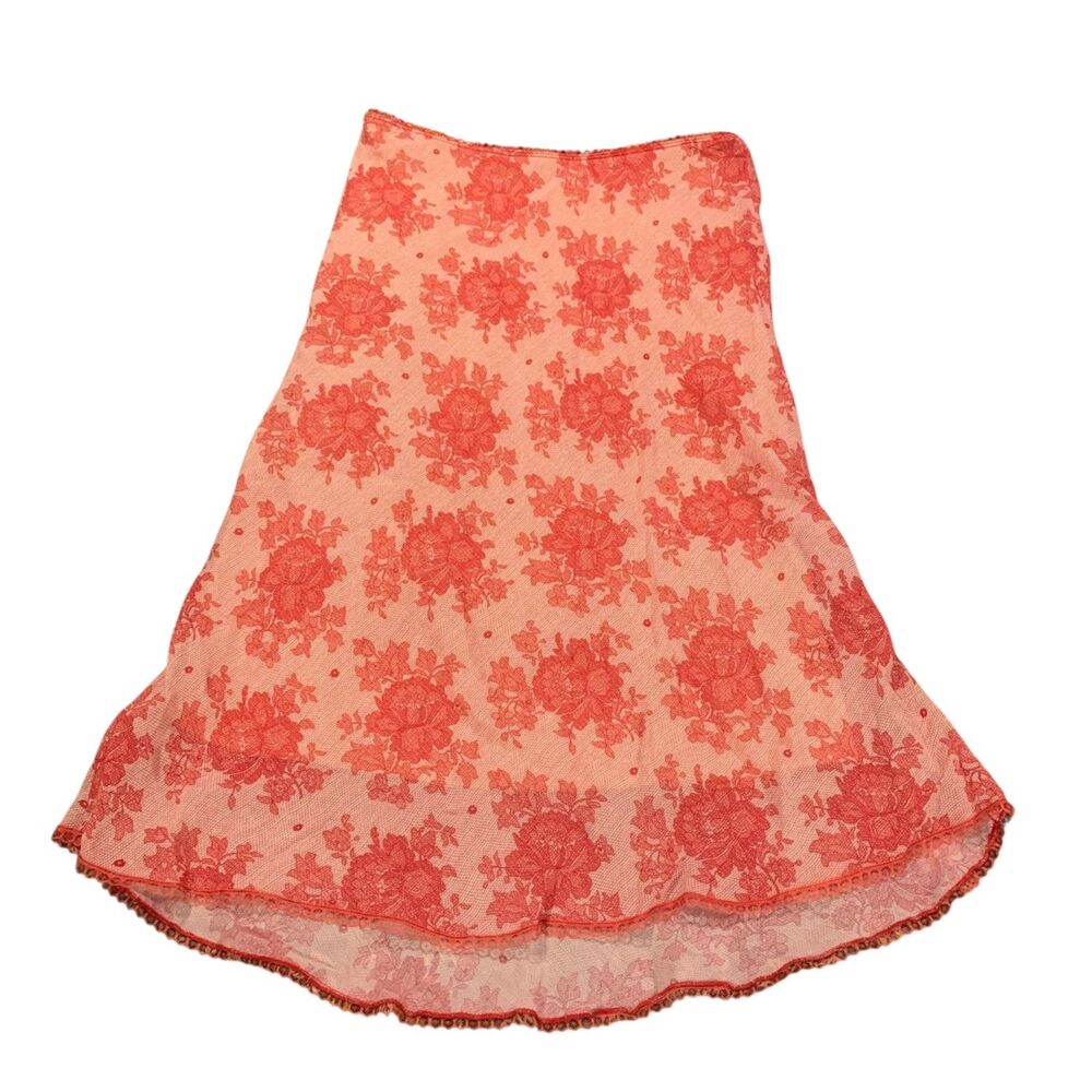 XXI Womens Vintage Red Floral Crochet Hem Detail Midi Skirt L Boho Romantic USA